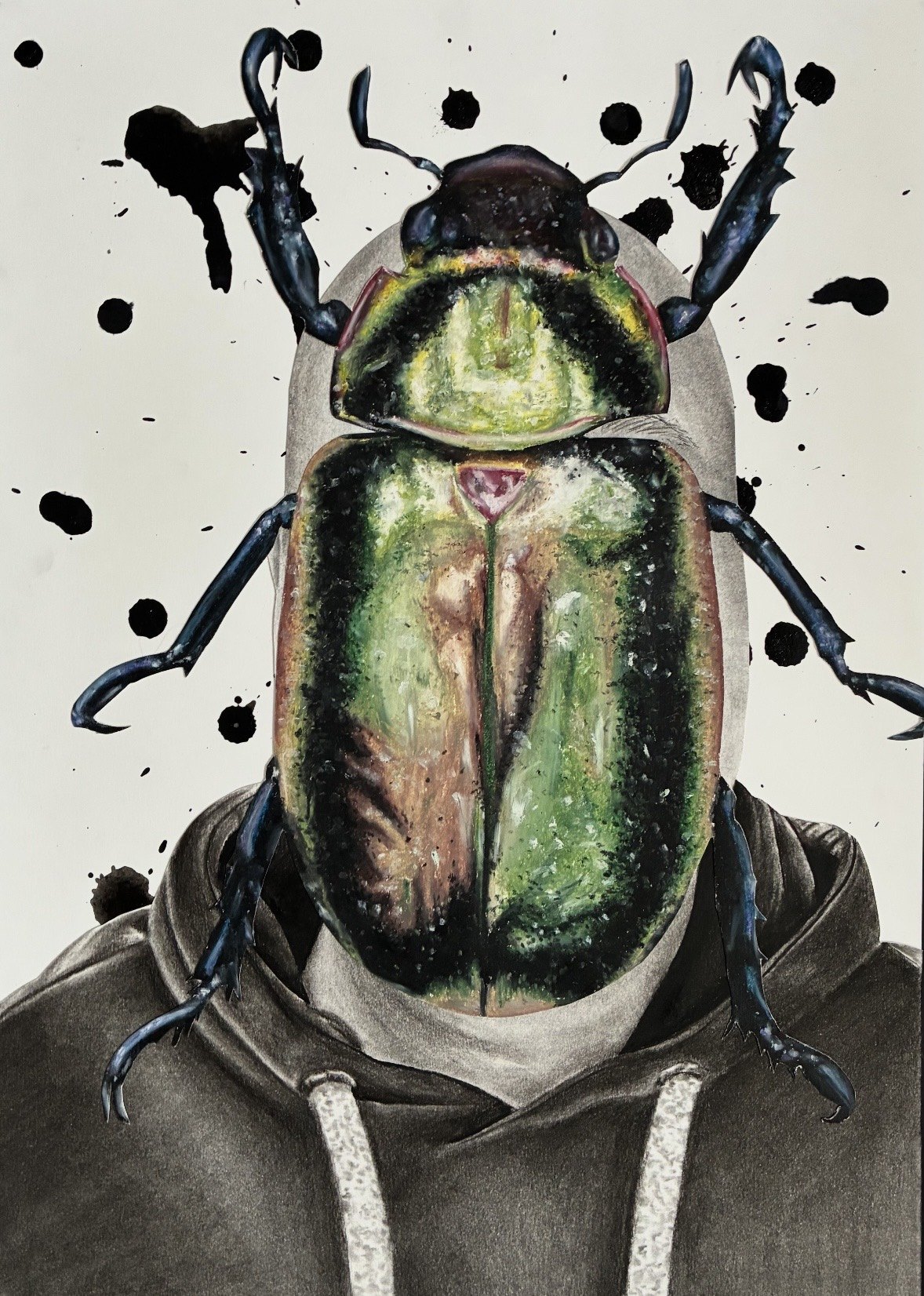 A-Level portrait artwork with a large green beetle motif