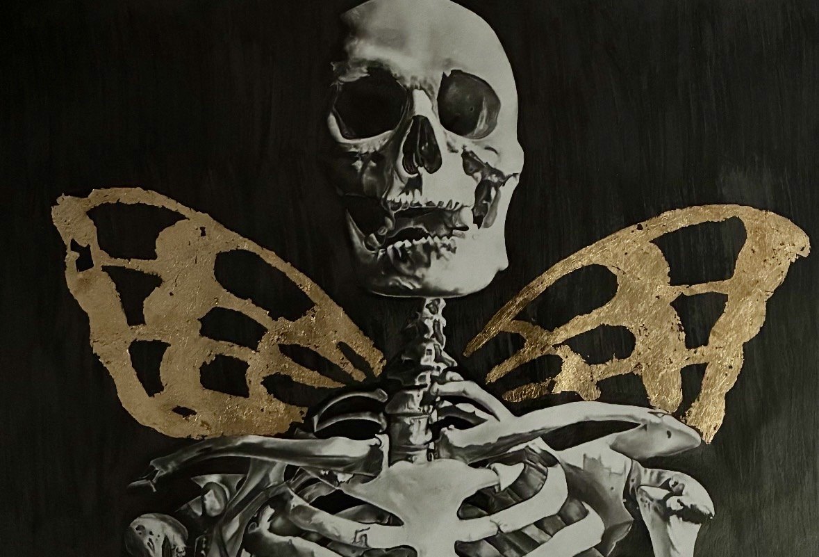 A-Level artwork of a skeleton with textured wings against a dark background