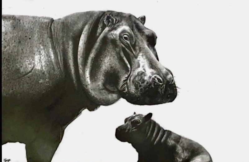 Commissioned graphite artwork of an adult hippopotamus with a calf